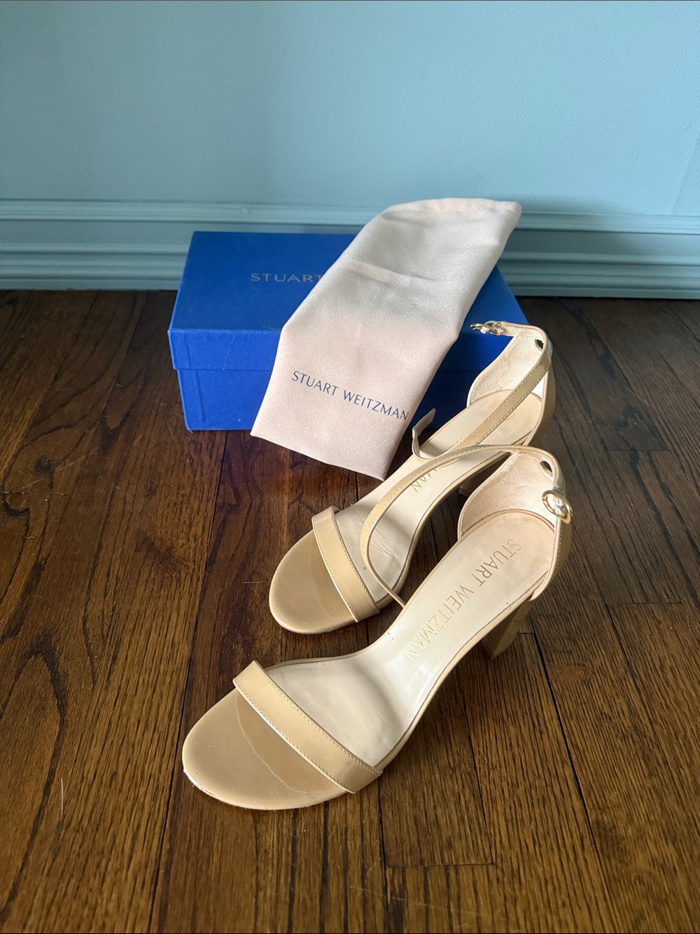 Stuart Weitzman Beige Nude Ankle-Strap Block Heel Sandals